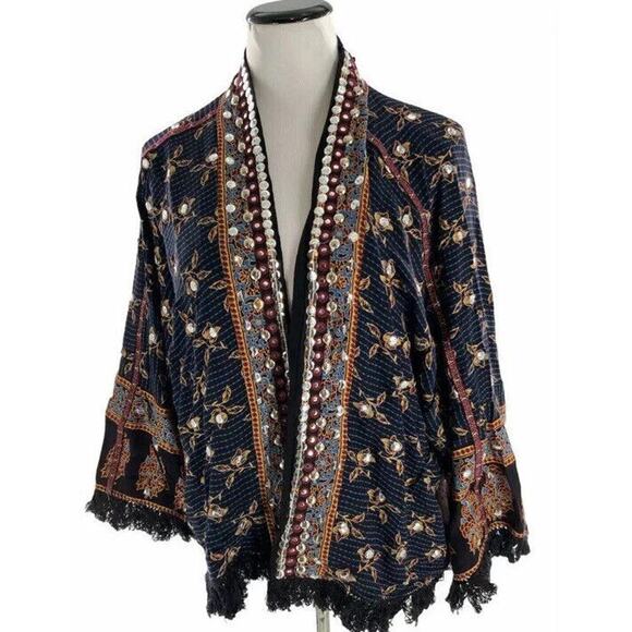 Free People Womens Rays Of Light Embellished Fringe Hem Trim Floral Jacket Large - Picture 3 of 9